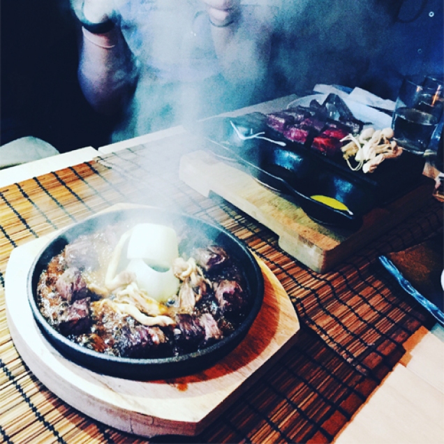 9+ Wagyu Beef on a sizzling hot plate and the flaming wagyu volcano